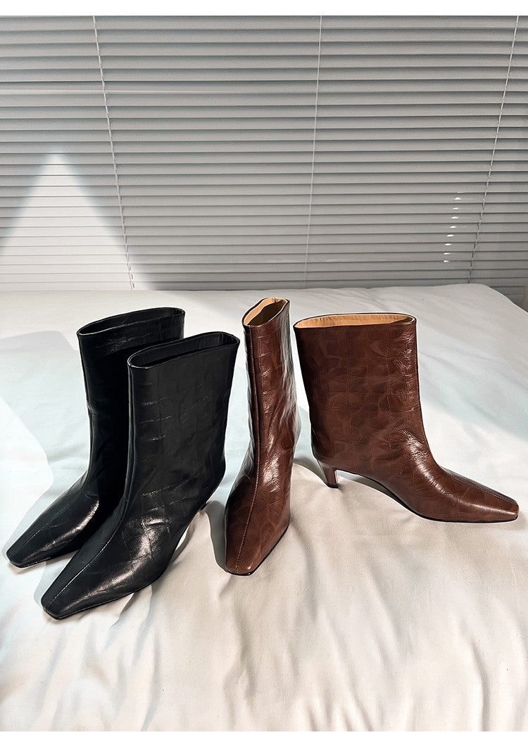 Karin Luna In Stock Spot Goods Top Layer Stone Pattern Cowhide Textured Small Square Toe Straight Short Boots