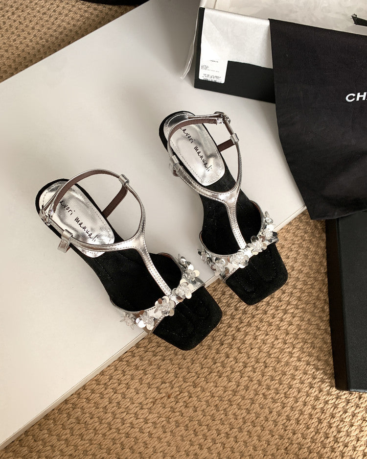 Karin Luna Hot-Selling Sequin Floral Series ~  Square Toe Irregular Heel Square Toe Sandals