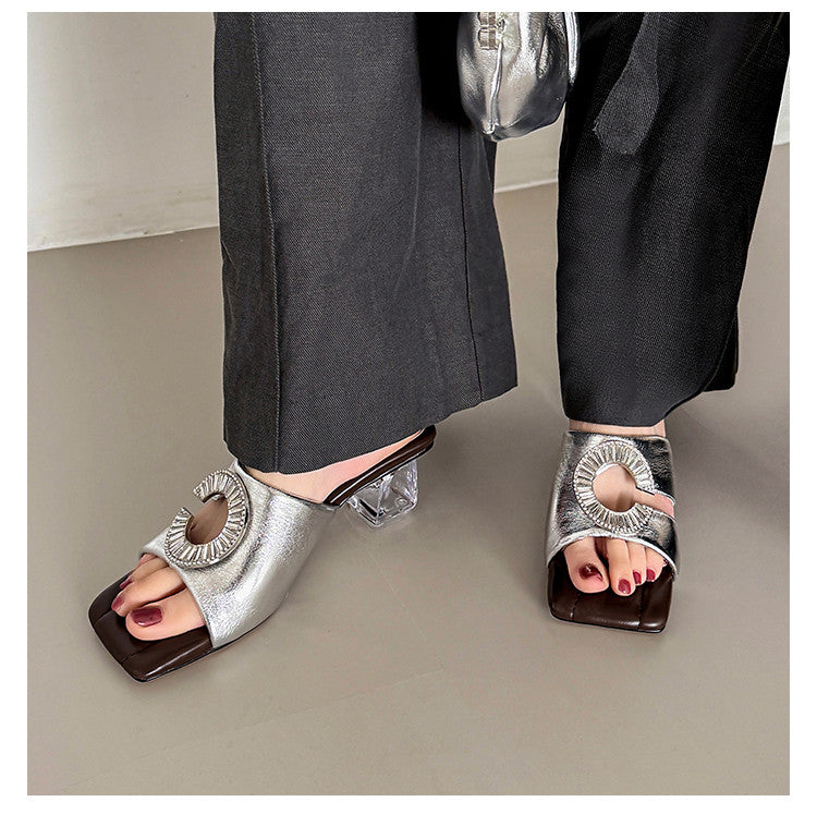Karin Luna In Stock  Spot Goods  Large Rhinestone Square-Toed Crystal Heel Slippers