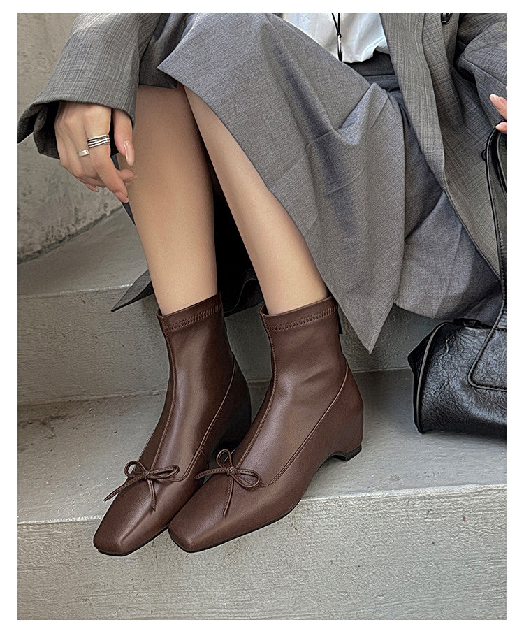 Karin Luna French Style Square Toe Bowknot Hidden Wedge Slim Boots
