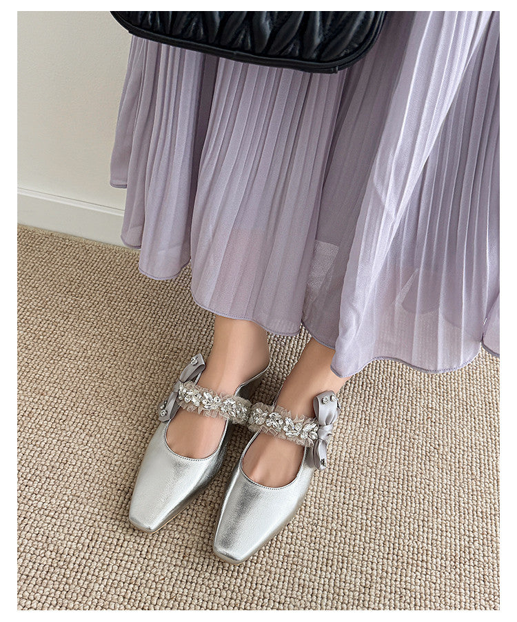 Karin Luna Handmade One-Strap Rhinestone Ribbon Square-Toe Mules