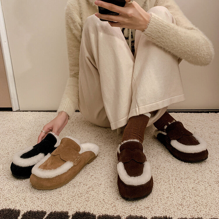 Karin Luna In Stock Look~This is such thick lamb wool Winter Atmosphere！Cowhide Leather Lamb Wool Round Toe Flat Sole Half Support！