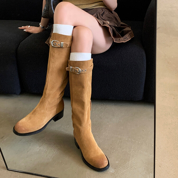 Karin Luna Chunky Heels Round Head Belt Buckle  Fashionable Suede Boots