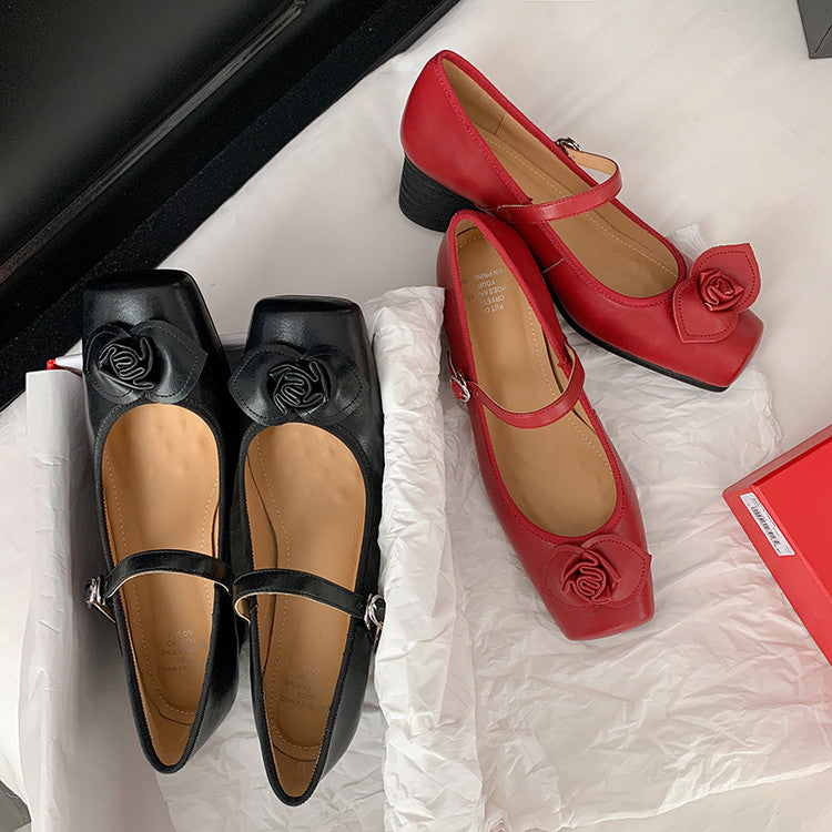 Karin Luna In Stock Spot Goods  Vintage Three-Dimensional Camellia Square-Toed Mary Jane Shoes