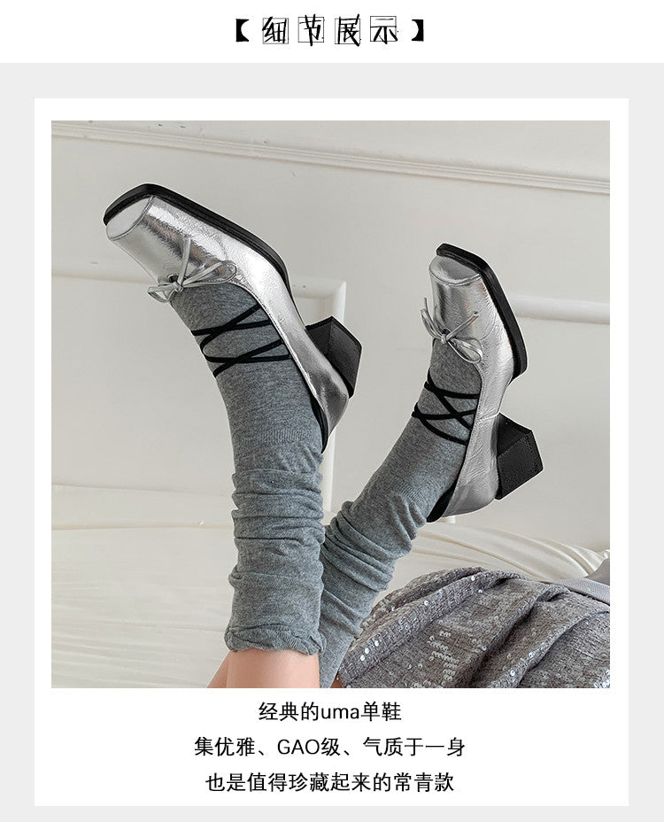 Karin Luna In Stock Spot Goods  Popular Self-flowing Bowknot Square Toe Chunky Heel Single Shoes