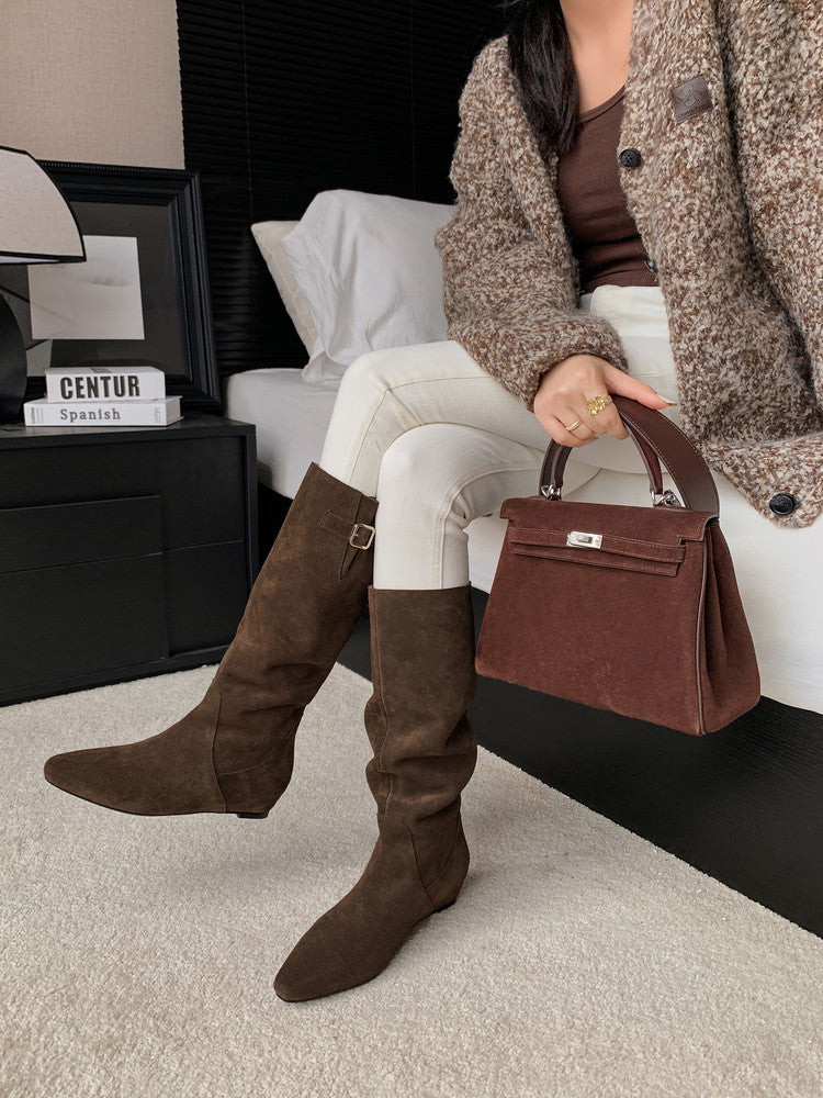 Karin Luna In Stock Spot Goods Vintage Cowhide Leather Chunky Heel Height Increasing Long Boots