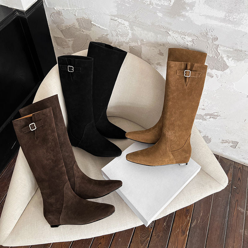 Karin Luna In Stock Spot Goods Vintage Cowhide Leather Chunky Heel Height Increasing Long Boots