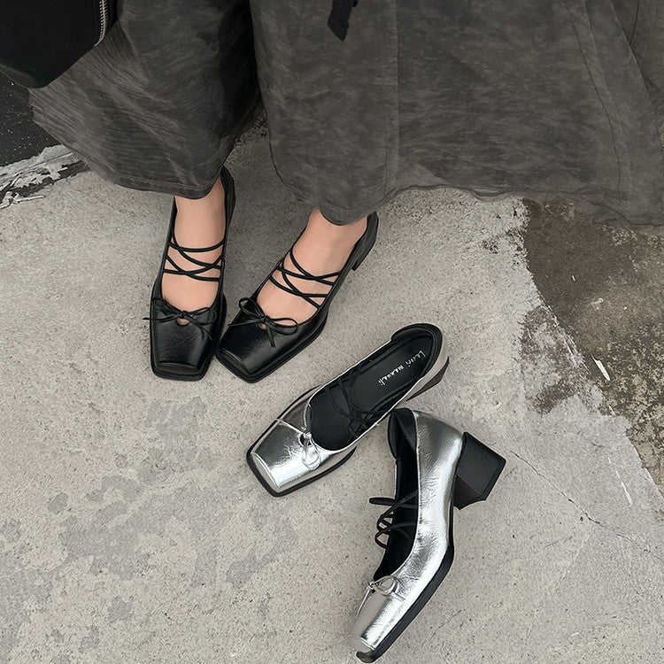 Karin Luna In Stock Spot Goods  Popular Self-flowing Bowknot Square Toe Chunky Heel Single Shoes