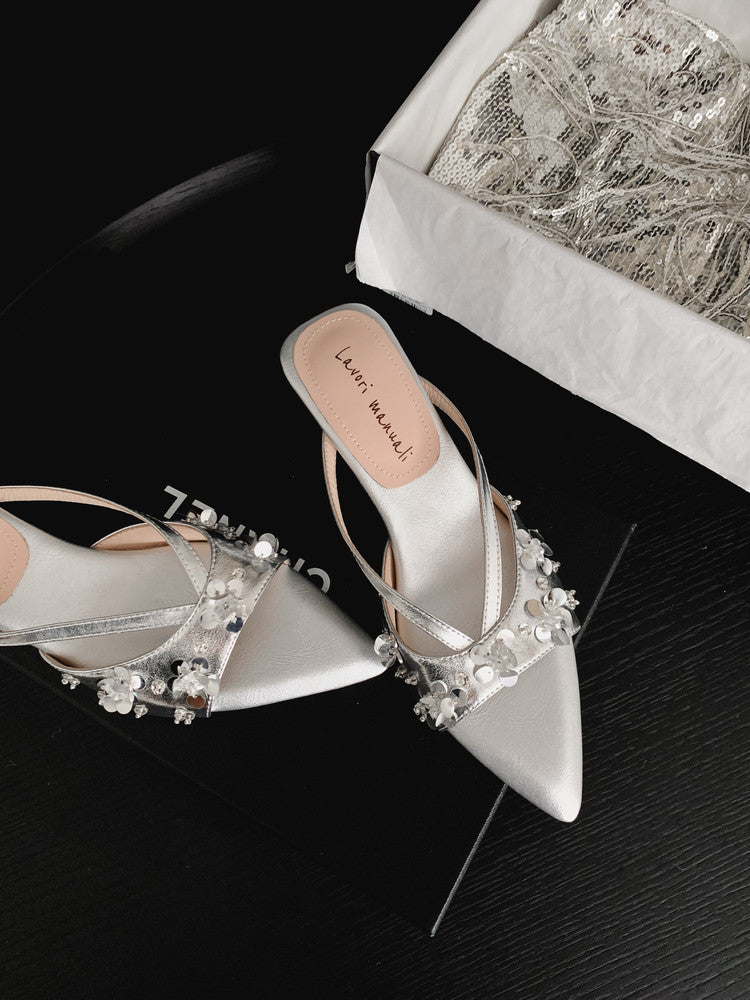 Karin Luna Bestseller Sequin Elements Elegant Pointed Toe Irregular Heel Slippers