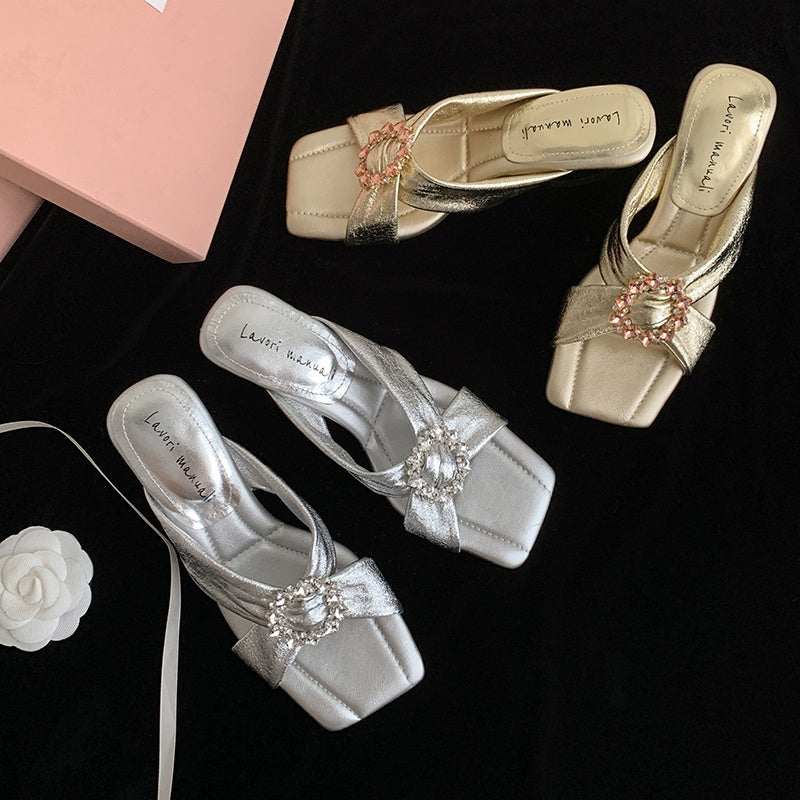 Karin Luna In Stock In Stock Elegant Square-Toe Cross-Strap Rhinestone Square-Toe Slippers