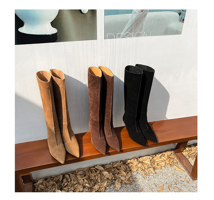 Karin Luna In Stock Spot Goods Retro Cowhide Pointed Toe Stiletto Elegant Long Boots