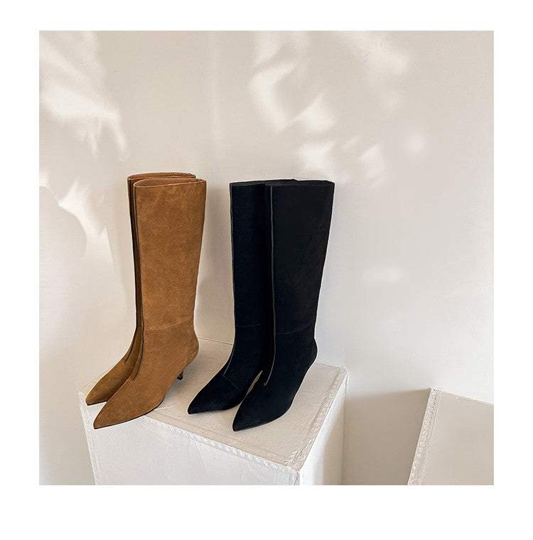 Karin Luna In Stock Spot Goods Retro Cowhide Pointed Toe Stiletto Elegant Long Boots