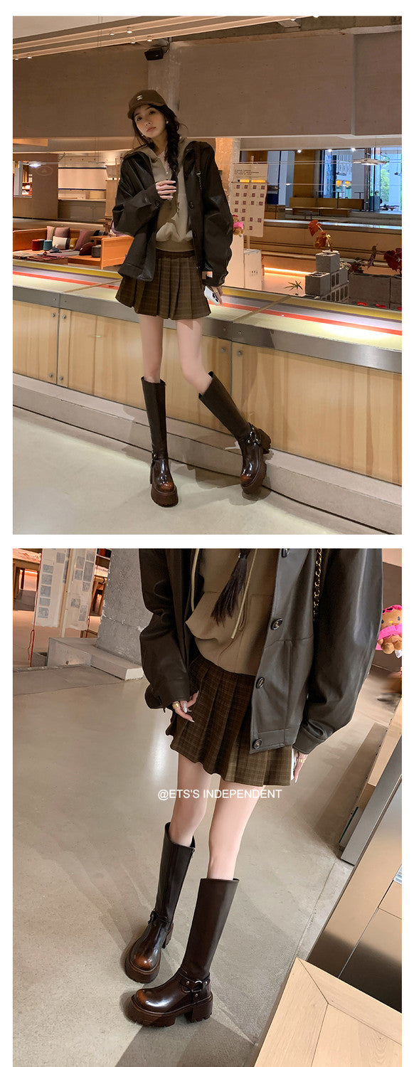 Karin Luna In Stock Spot Goods Round Toe Thick Sole Belt Buckle Straight Long Boots