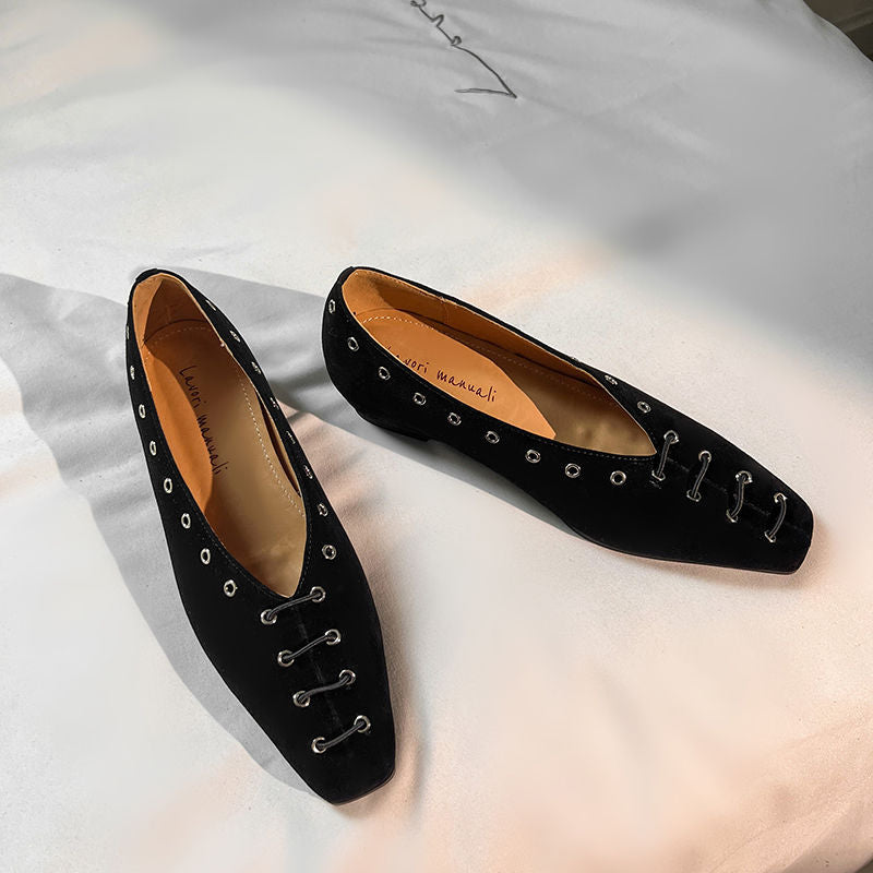Karin Luna In Stock Spot Goods    Old Money Style Square Toe Suede Flats