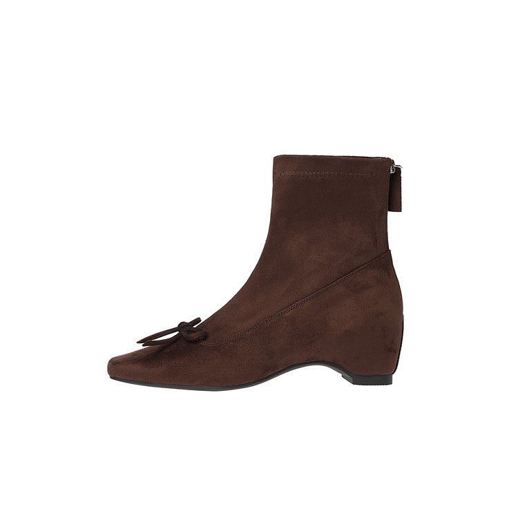 Karin Luna French Style Square Toe Bowknot Hidden Wedge Slim Boots