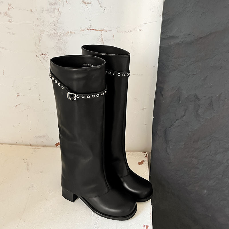 Karin Luna In Stock Spot Goods Belt Buckle Color-Washed Casual Thick-Soled Bootcut Pants Boots