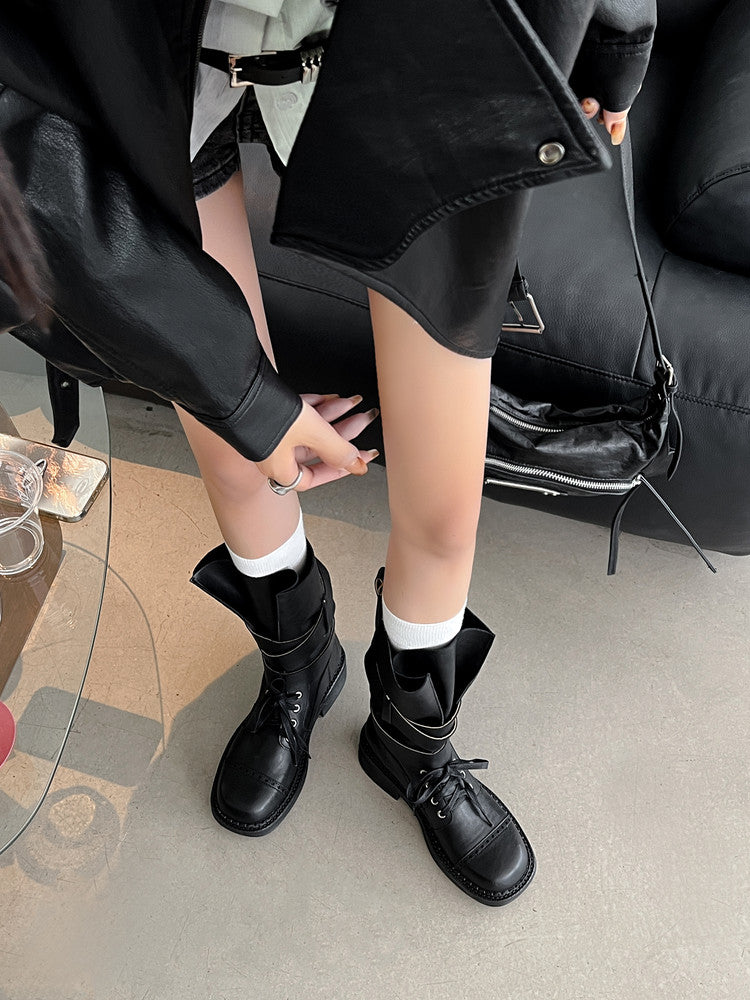 Karin Luna Bestseller Hot-Selling Large Tube Leather Belt Buckle Round Toe Thick-Soled Short Boots