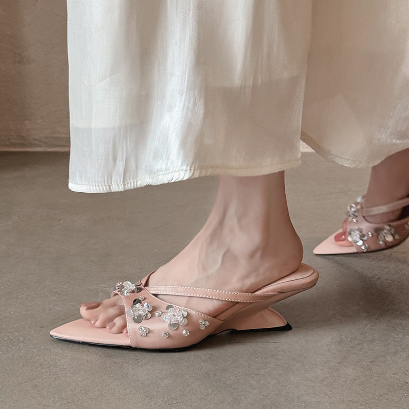 Karin Luna Bestseller Sequin Elements Elegant Pointed Toe Irregular Heel Slippers