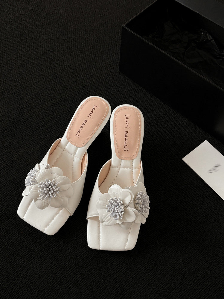 Karin Luna In Stock Spot Goods Camellia Classic style retro square toe shaped heel slippers