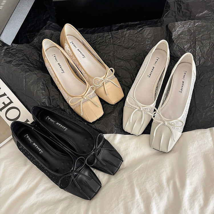 Karin Luna In Stock In Stock  Wrinkled Square Toe Patchwork Breathable Mesh Bow Granny Shoes