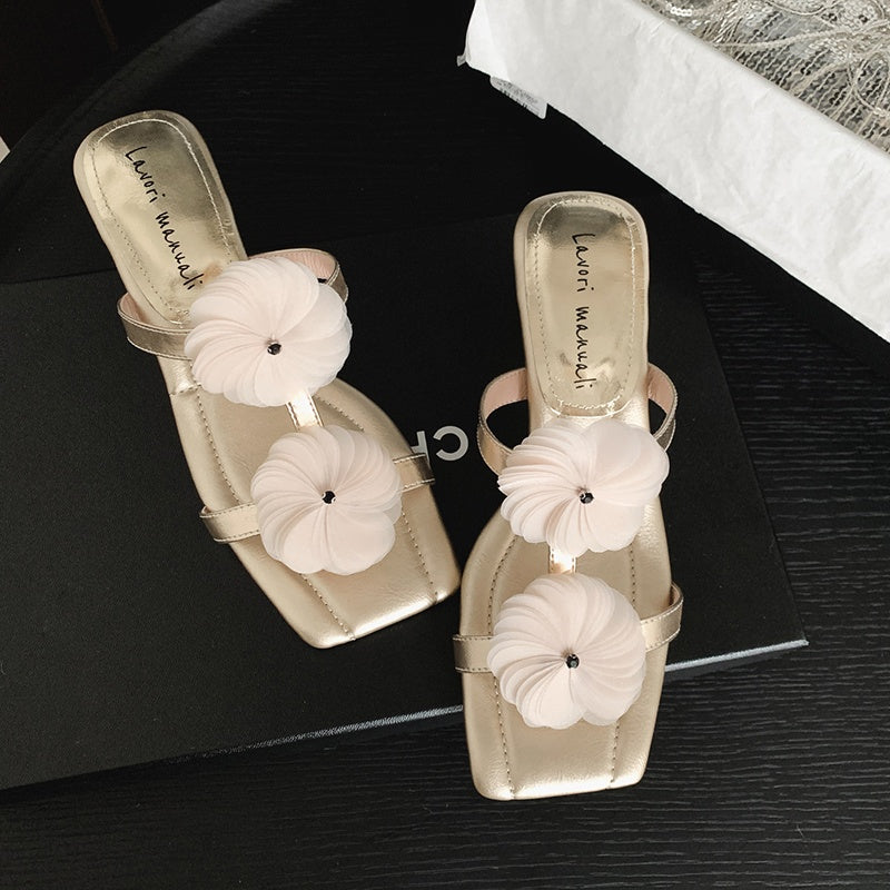 Karin Luna Hot-Selling Floral Square Toe Irregular Heel Floral Slippers