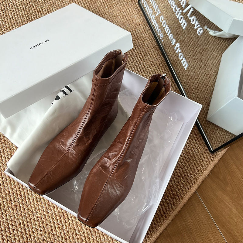 Karin Luna In Stock Spot Goods Slim Series  Hidden Wedge Small Square Toe Back Zipper Short Boots