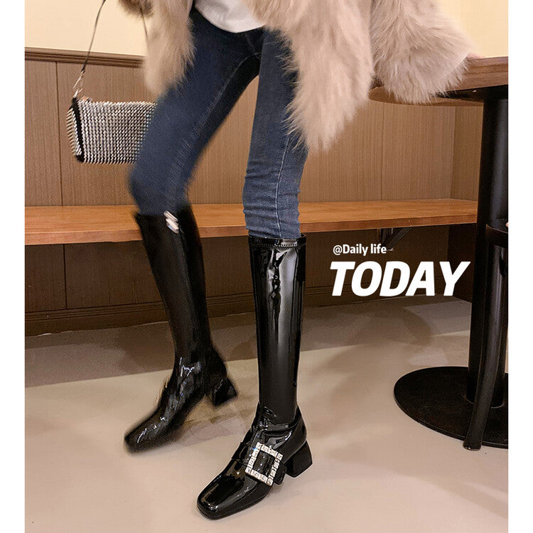 Karin Luna French Retro Square Buckle Rhinestone Chunky Heel Short Boots