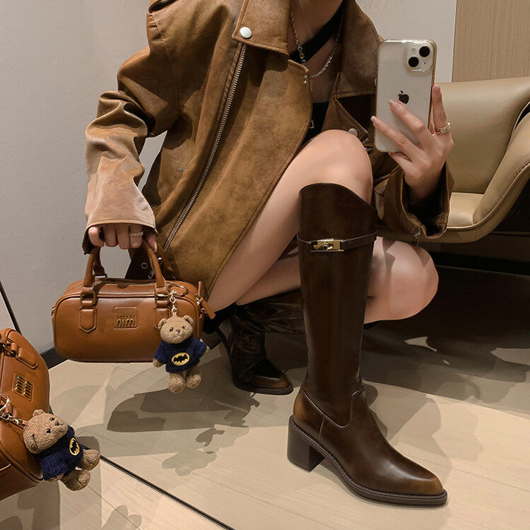 Karin Luna Hot-Selling Fasteners Sold as soon as listed Comes with data plan included Pointed Toe Chunky Heel Classic Full Cowhide Leather Riding Boots