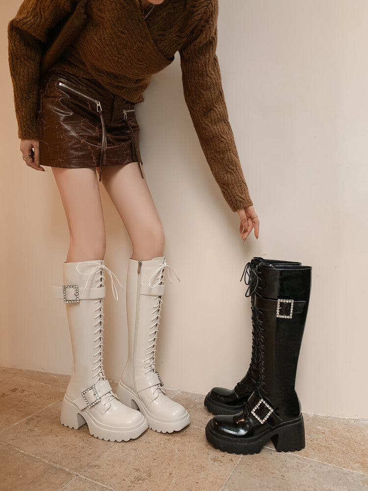 Karin Luna In Stock Spot Goods Bestselling Extended Version Rhinestone Square Buckle Thick Sole Lace-up Thick Sole Full Cowhide Knight Boots
