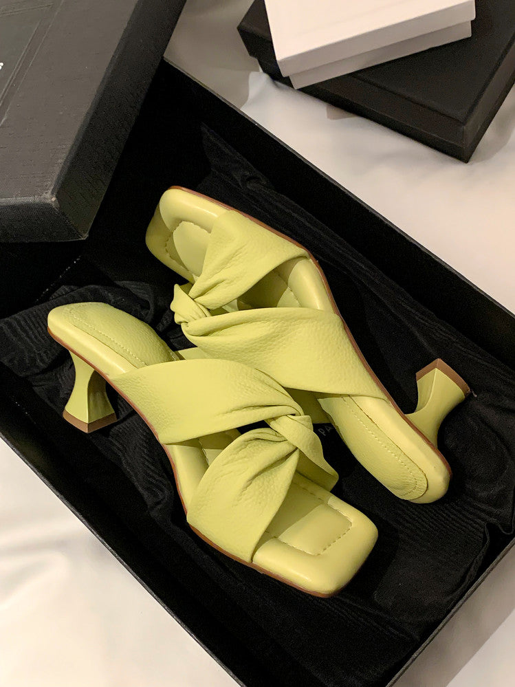 Karin Luna In Stock In Stock  Comfortable Cross Strap  Airy High Heel Square Toe Slippers