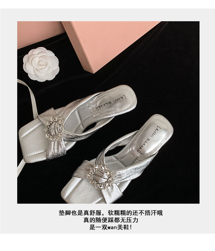 Karin Luna In Stock In Stock Elegant Square-Toe Cross-Strap Rhinestone Square-Toe Slippers
