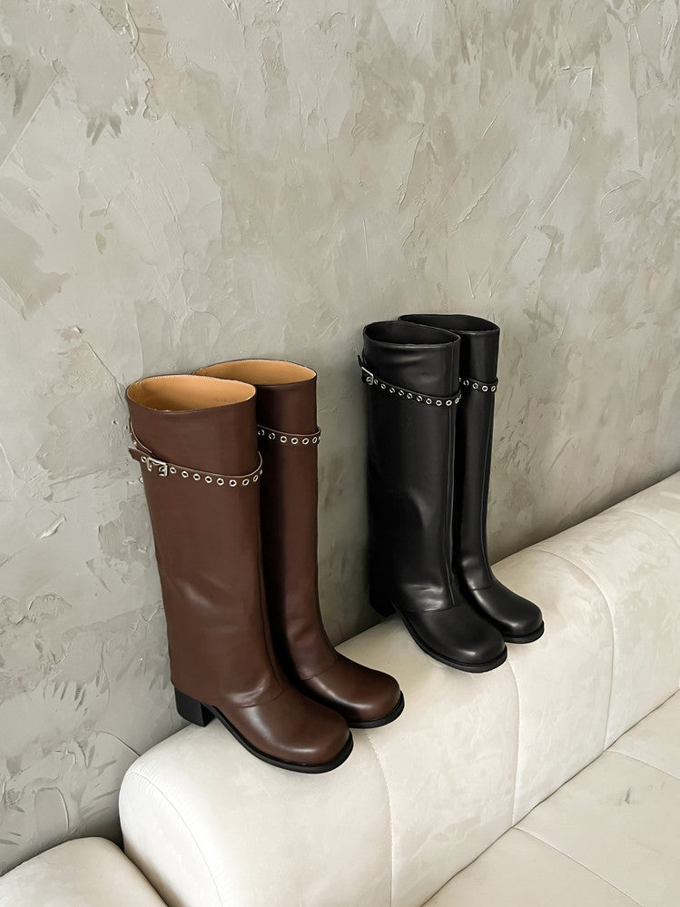 Karin Luna In Stock Spot Goods Belt Buckle Color-Washed Casual Thick-Soled Bootcut Pants Boots
