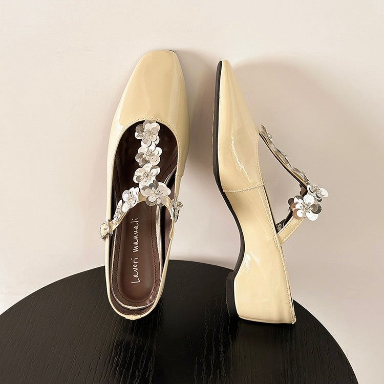 Karin Luna In Stock Spot Goods  T Handmade Sequin Flower Square Toe Height-Increasing Closed-Toe Slippers