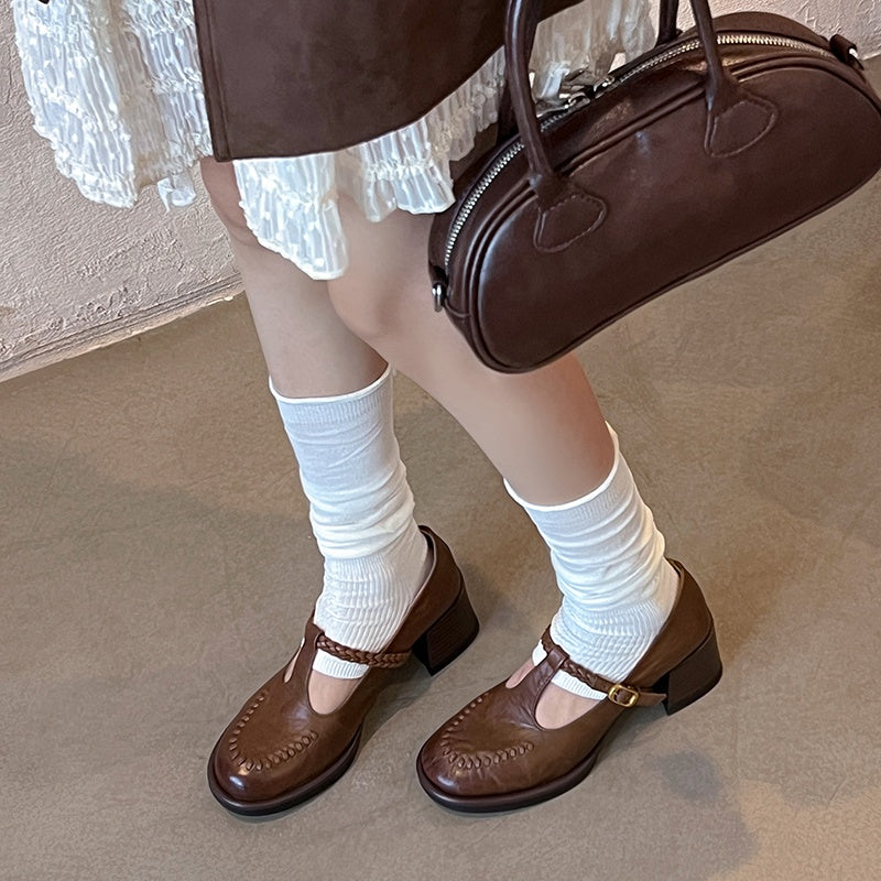 Karin Luna In Stock Spot Goods Vintage Braided Twist High Heels T Round Toe Thick Sole Single Shoes