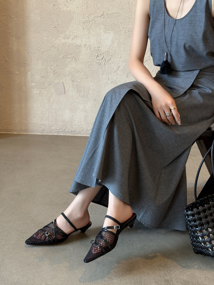 Karin Luna In Stock  Spot Goods  Mesh Series Elegant Closed-Toe Belt Buckle Slippers