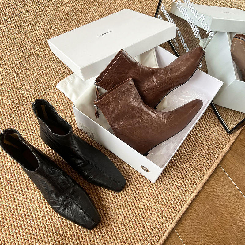 Karin Luna In Stock Spot Goods Slim Series  Hidden Wedge Small Square Toe Back Zipper Short Boots