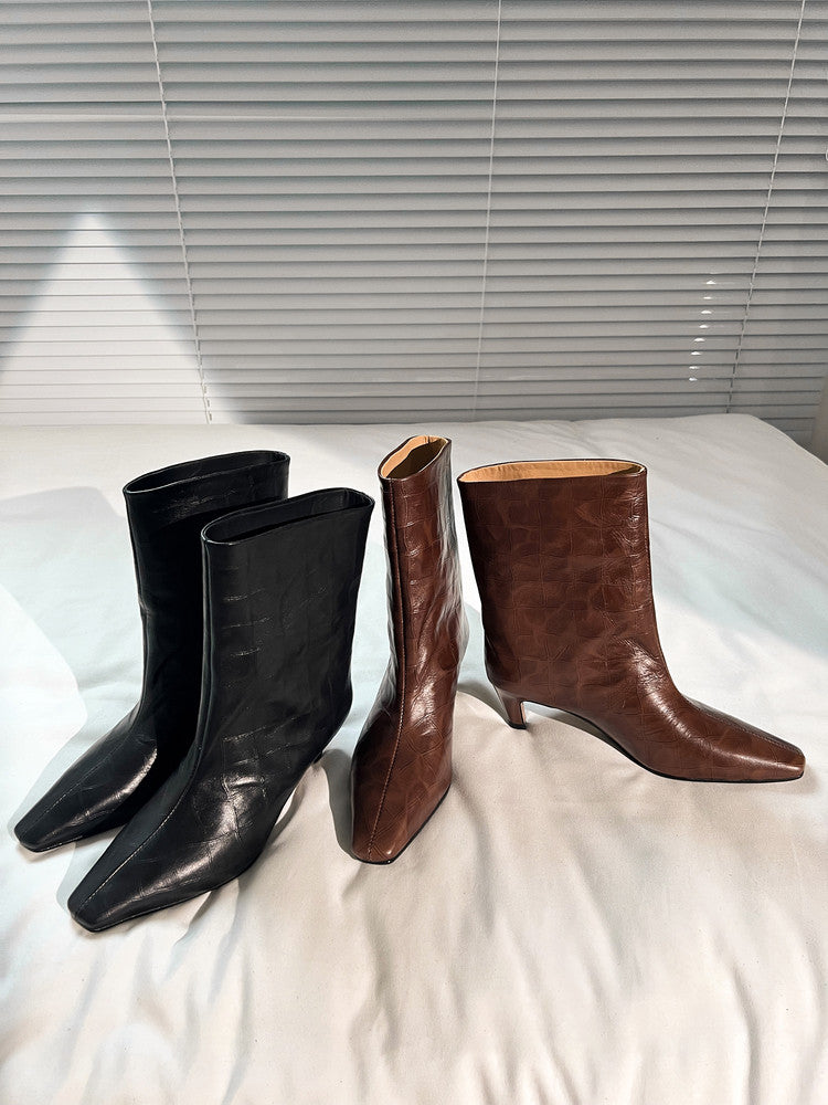 Karin Luna In Stock Spot Goods Top Layer Stone Pattern Cowhide Textured Small Square Toe Straight Short Boots