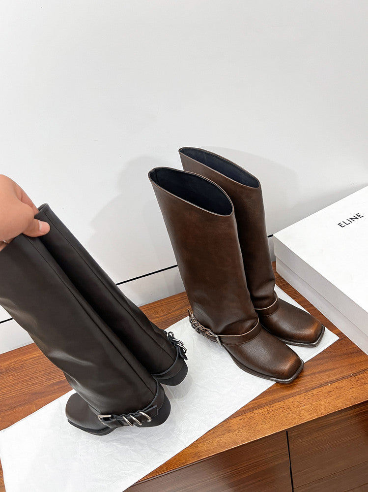 Karin Luna Elegant Style Square Toe Belt Buckle Pants Boot Short Boots
