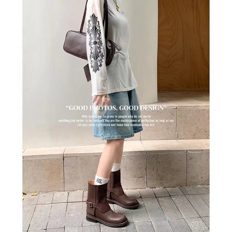 Karin Luna Belt Buckle Chunky Heel Fashion Short Boots