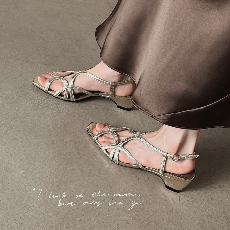 Karin Luna French Hollow Style Small Square Toe Chunky Heel Sandals