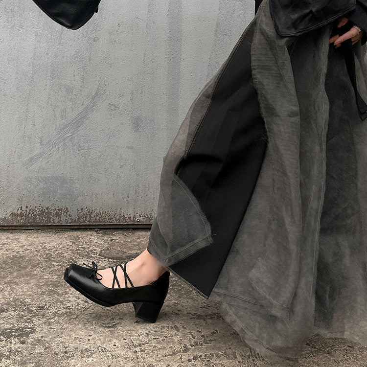 Karin Luna In Stock Spot Goods  Popular Self-flowing Bowknot Square Toe Chunky Heel Single Shoes