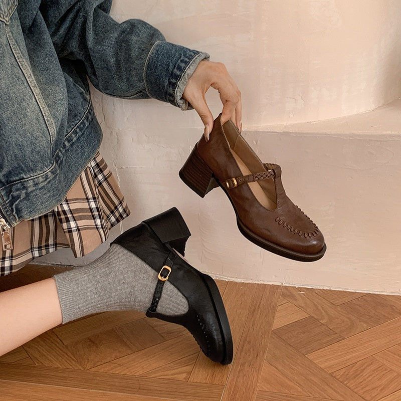 Karin Luna In Stock Spot Goods Vintage Braided Twist High Heels T Round Toe Thick Sole Single Shoes