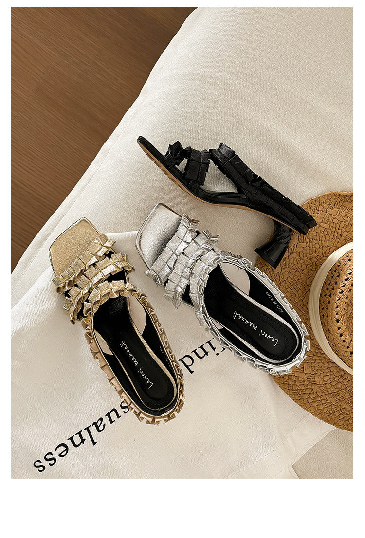 Karin Luna In Stock  Spot Goods  Unique Square-Toe Pleated Lace Sandals