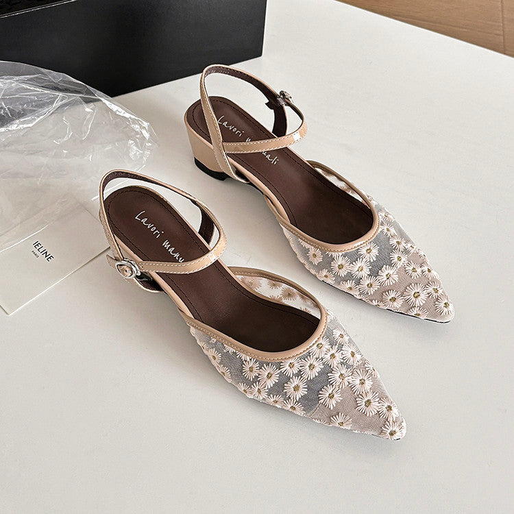 Karin Luna In Stock Spot Goods Embroidered Daisy Sheepskin Mesh Elegant Closed-Toe Slippers