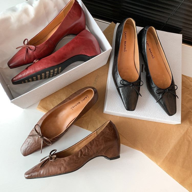 Karin Luna Full Layer Inside and Out~Basic Versatile Small Square Toe Butterfly Knot Irregular Heel Single Shoes