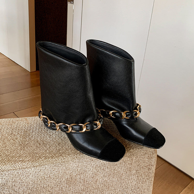 Karin Luna Classic Style Xiangjia Style Chunky Heel Chain Ankle Boots