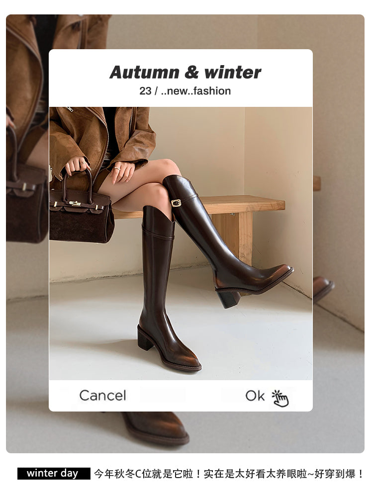 Karin Luna Classic Model In Stock Spot Goods  Elegant Belt Buckle Pointed Toe Chunky Heel Long Boots