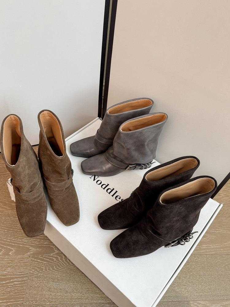 Karin Luna Data Hot Item Square Toe Hidden Wedge Belt Buckle Suede Ankle Boots