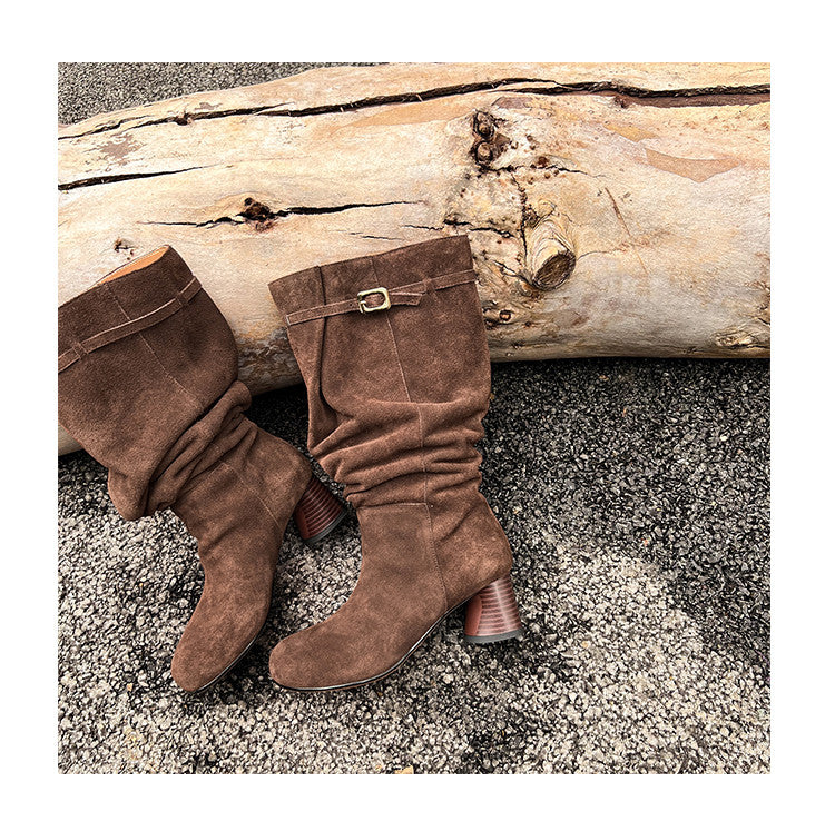 Karin Luna In Stock In Stock Mango Head Large Tube Belt Buckle Chunky Heel Long Boots
