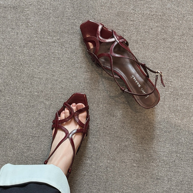 Karin Luna French Hollow Style Small Square Toe Chunky Heel Sandals
